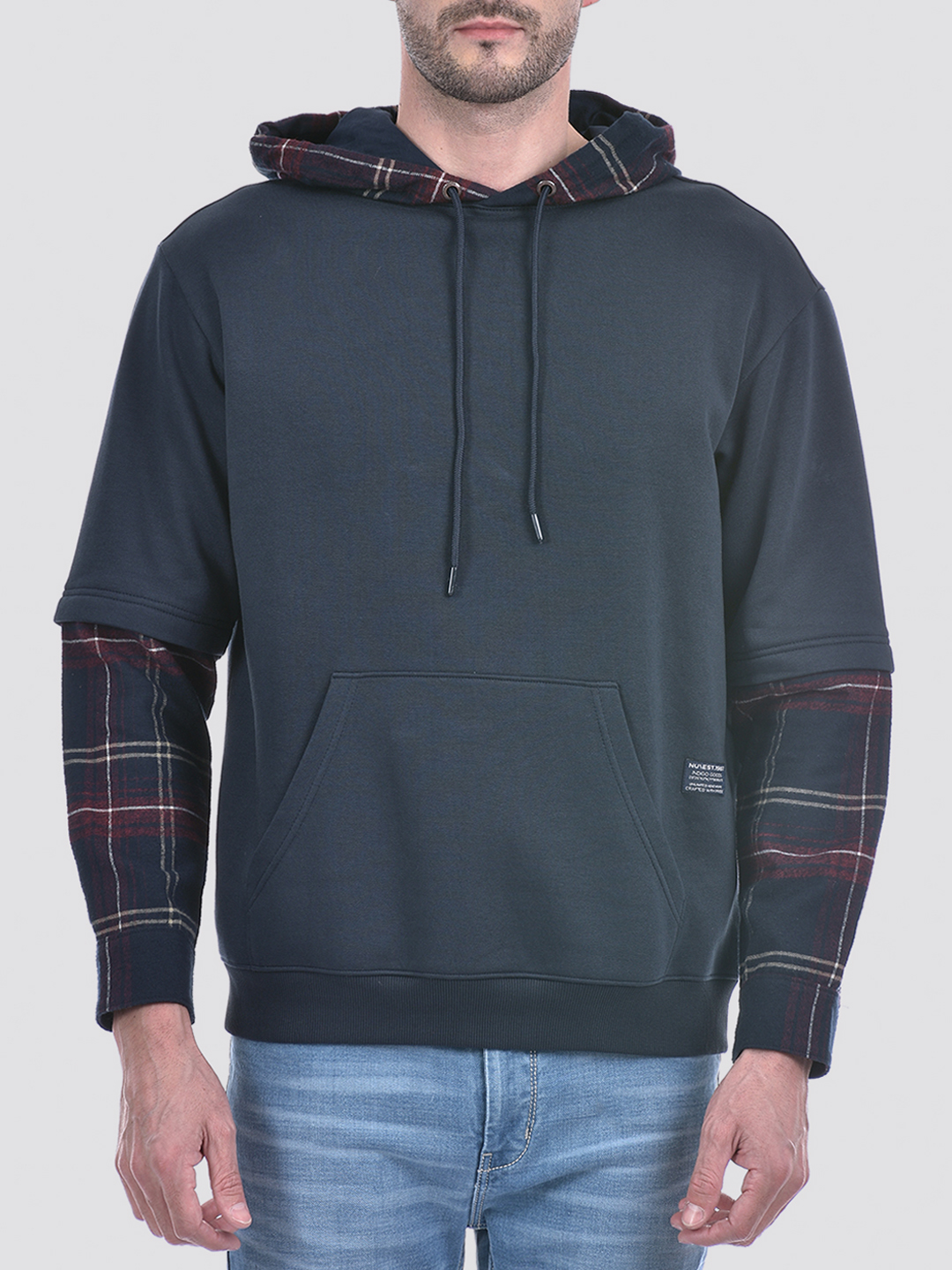 Numero Uno Men Blue Checks Hooded Neck Brushed Fleece Sweatshirt